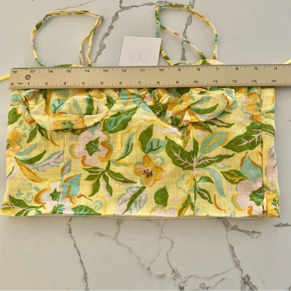 🌼 ZARA Printed Linen Crop Top Bustier Neckline Skirt Set Yellow Floral Print XS - Picture 11 of 16